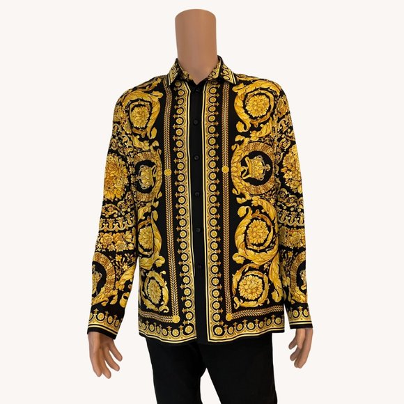 VERSACE BARROCCO SILK TWILL SHIRT IN BLACK + GOLD - Picture 1 of 8